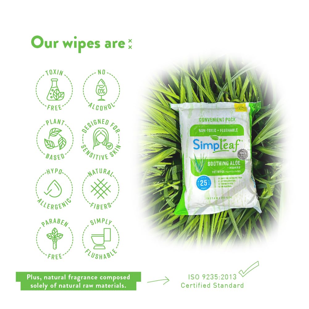 Simpleaf Flushable Wet Wipes Aloe Vera| Eco-Friendly, Paraben & Alcohol Free | Hypoallergenic & Safe for Sensitive Skin | Soothing Aloe Formula | (4 x 25 Count Convenient Pack) 100 Count Total