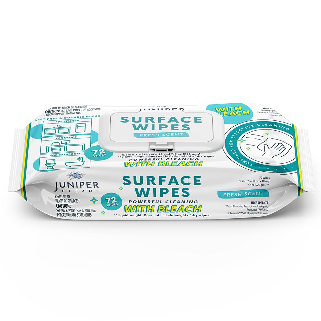 Juniper CLEAN 24 Pack Surface Cleaning Wipes with Bleach, All-Purpose Cleaner for Bathroom, Kitchen, Office, 1728 Count Soft Flow, Fresh Scent, Lint Free & Durable