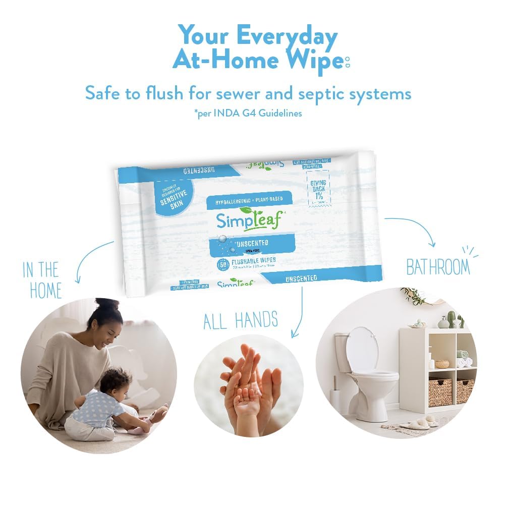 Simpleaf Flushable Wet Wipes Unscented | Plastic Free, Paraben & Alcohol Free | Hypoallergenic & Safe for Sensitive Skin | Soothing Aloe Formula | Adult Toilet Wipes (6 x 50 Count Pack) 300 Count