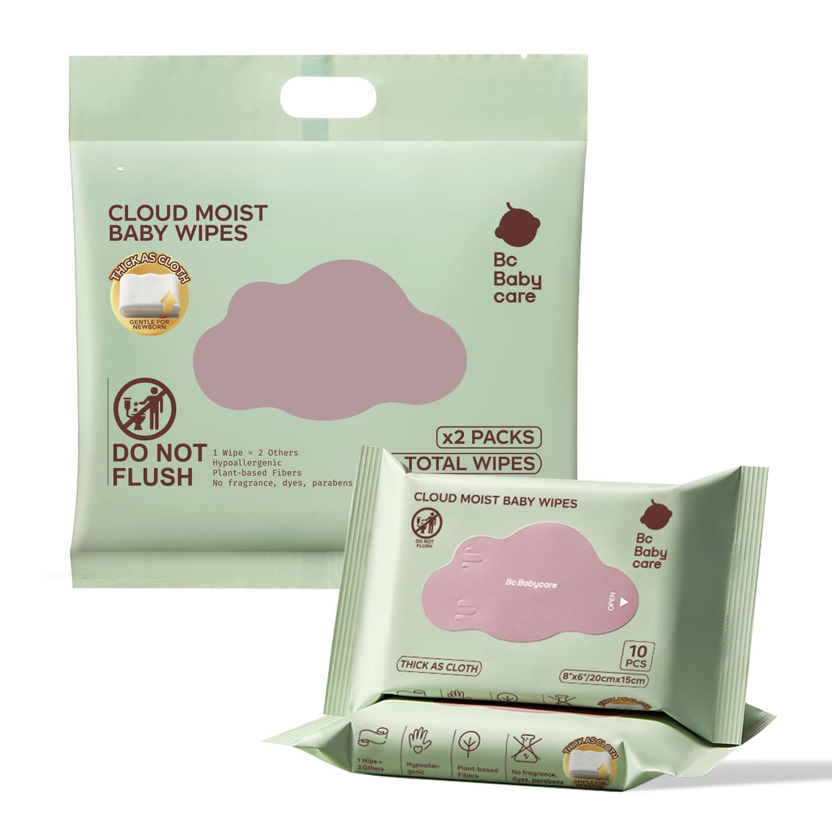 Bc Babycare Cloud Moist Baby Travel Wipes, 6 Pack, On The Go Pocket Size, Ultra Thick, 99% Water, Unscented, Hypoallergenic for Sensitive Skin, Biodegradable