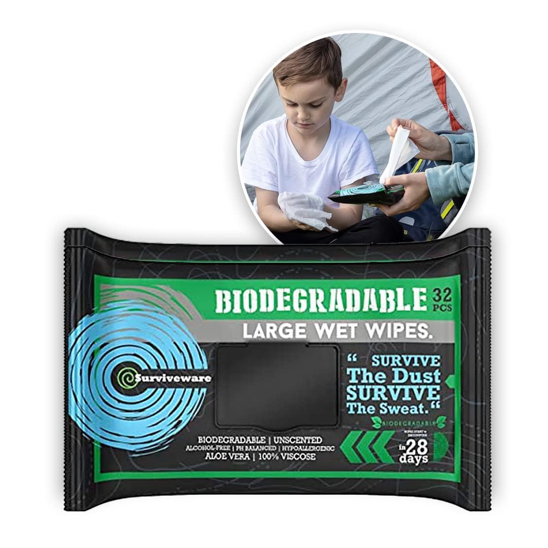 Surviveware Biodegradable Wipes Men or Women - Shower Wet Wipes