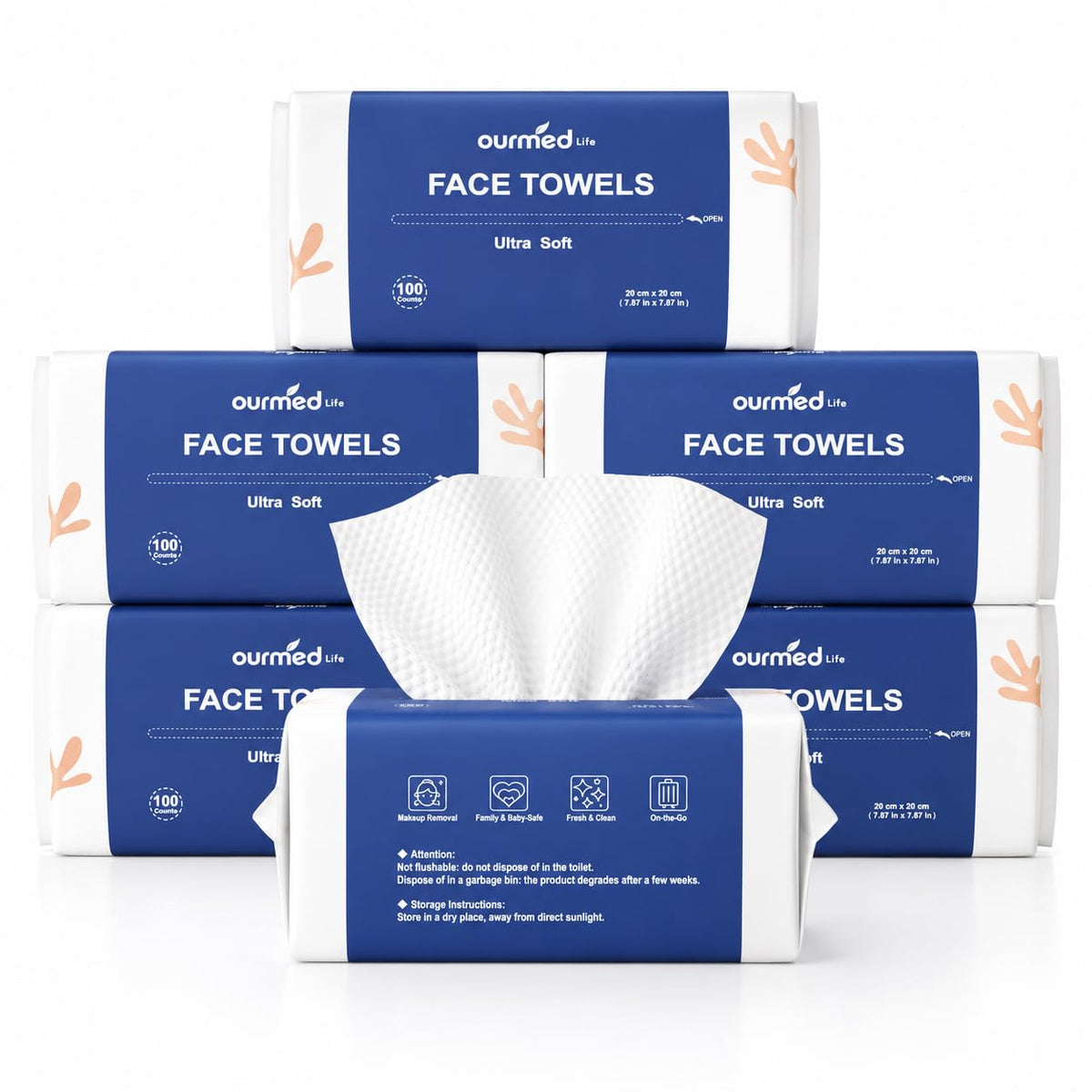 Ourmed Life Clean Face Towels Disposable, Ultra Soft & Absorbent, 100 Ct