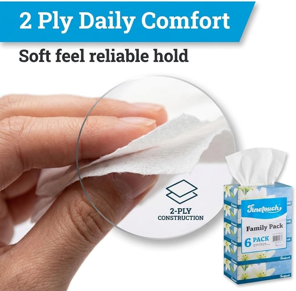 Finetouch Facial Tissues Boxes Bulk, Soft 2-Ply, 130 Sheets, 6 Pack