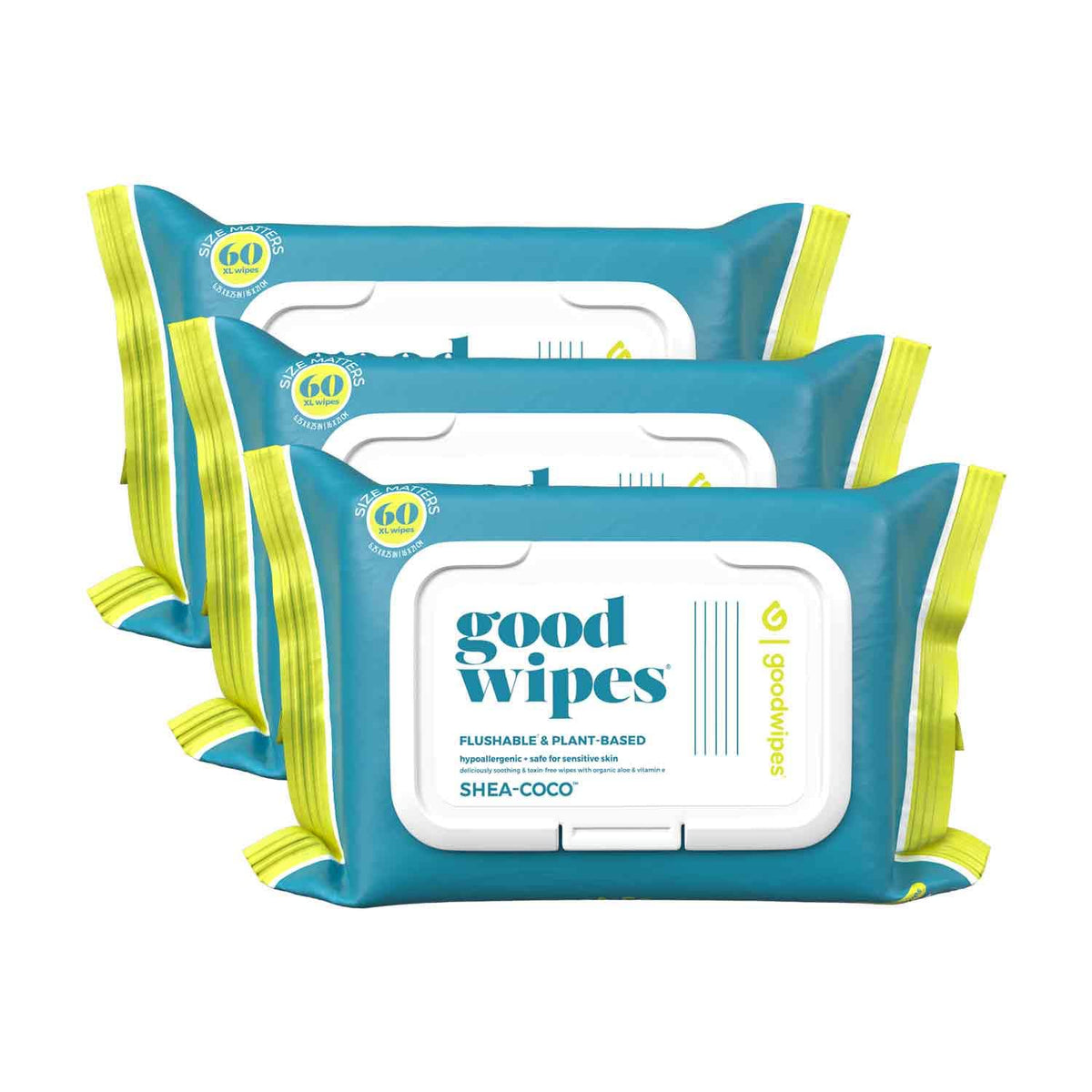 goodwipes Flushable Butt Wipes Made with Vitamin E & Aloe - Soft & Gentle Wet Wipe Dispenser for Home Use, Septic & Sewer Safe - Largest Adult Toilet Towelettes - Shea-Coco, 180 Count (3 Packs)