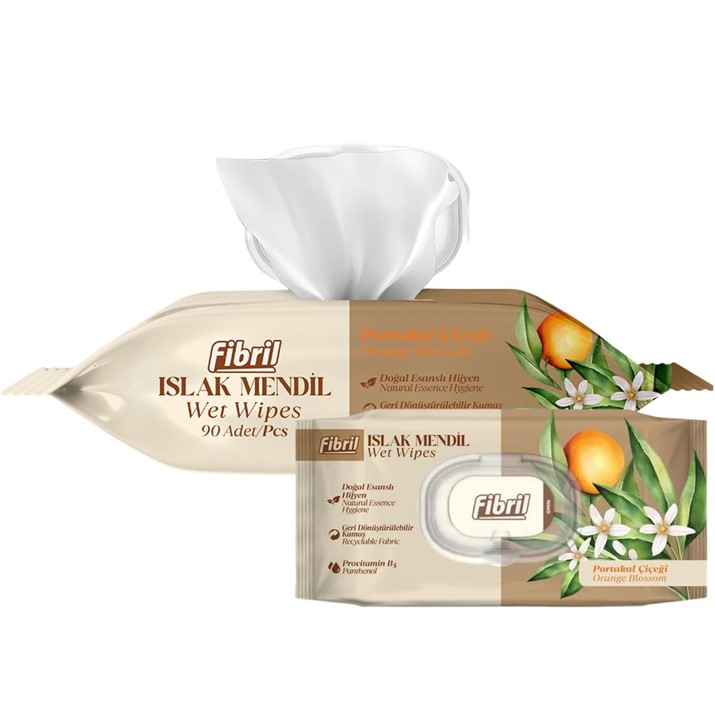 Fibril Multi-Purpose Wet Wipes – Gentle on Sensitive Skin, Paraben & Alcohol-Free, Resealable Flip-Top Lid | Daily Cleansing Wipes for Body, Hand & Face | Orange Blossom (1 Pack, 90 Count)