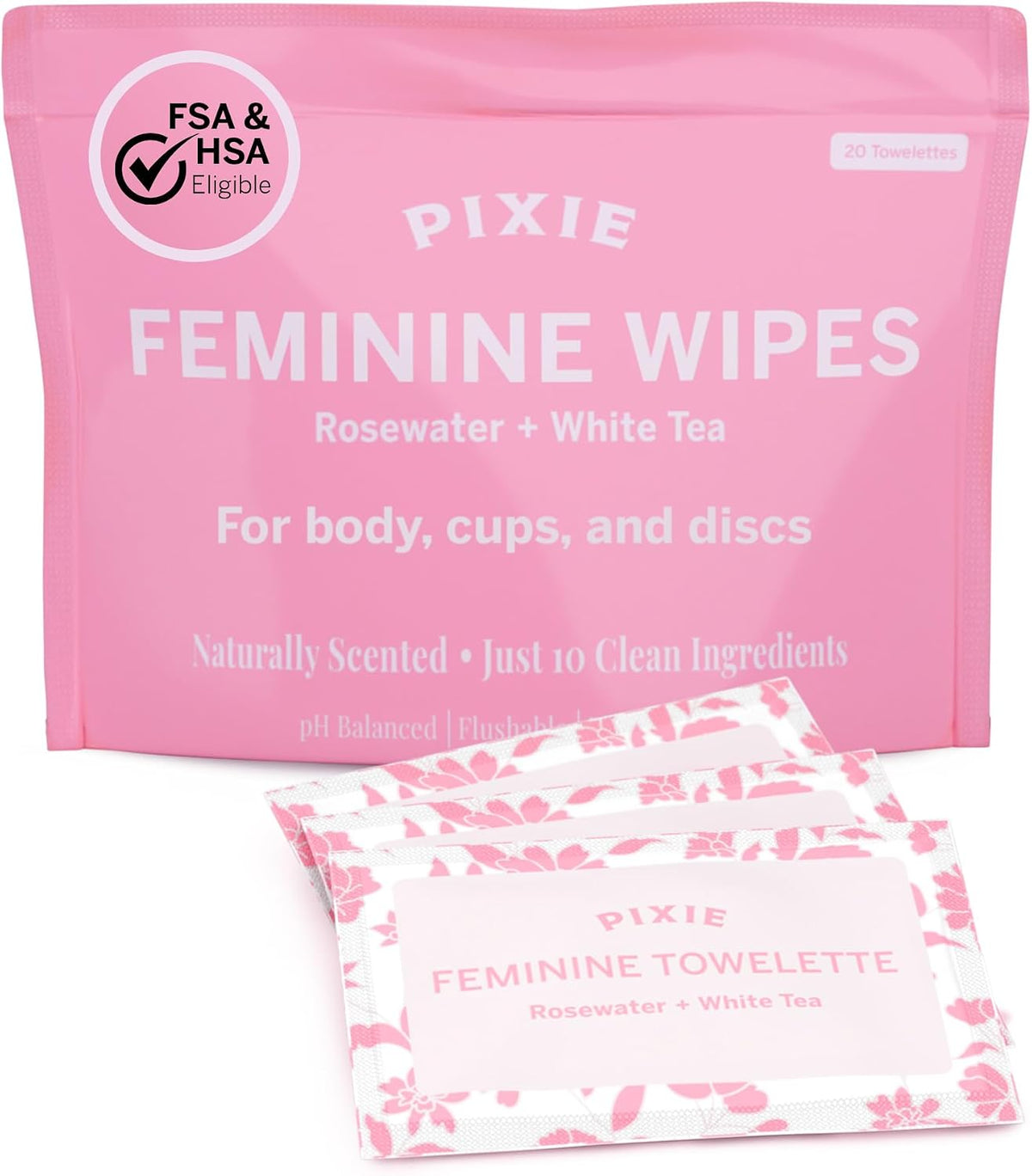 Pixie Feminine Wipes – Naturally Scented Rosewater + White Tea – Flushable, Biodegradable & pH Balanced – Individually Wrapped Wipes for On The Go – Cleaner for Menstrual Cups & Discs (20 Count)
