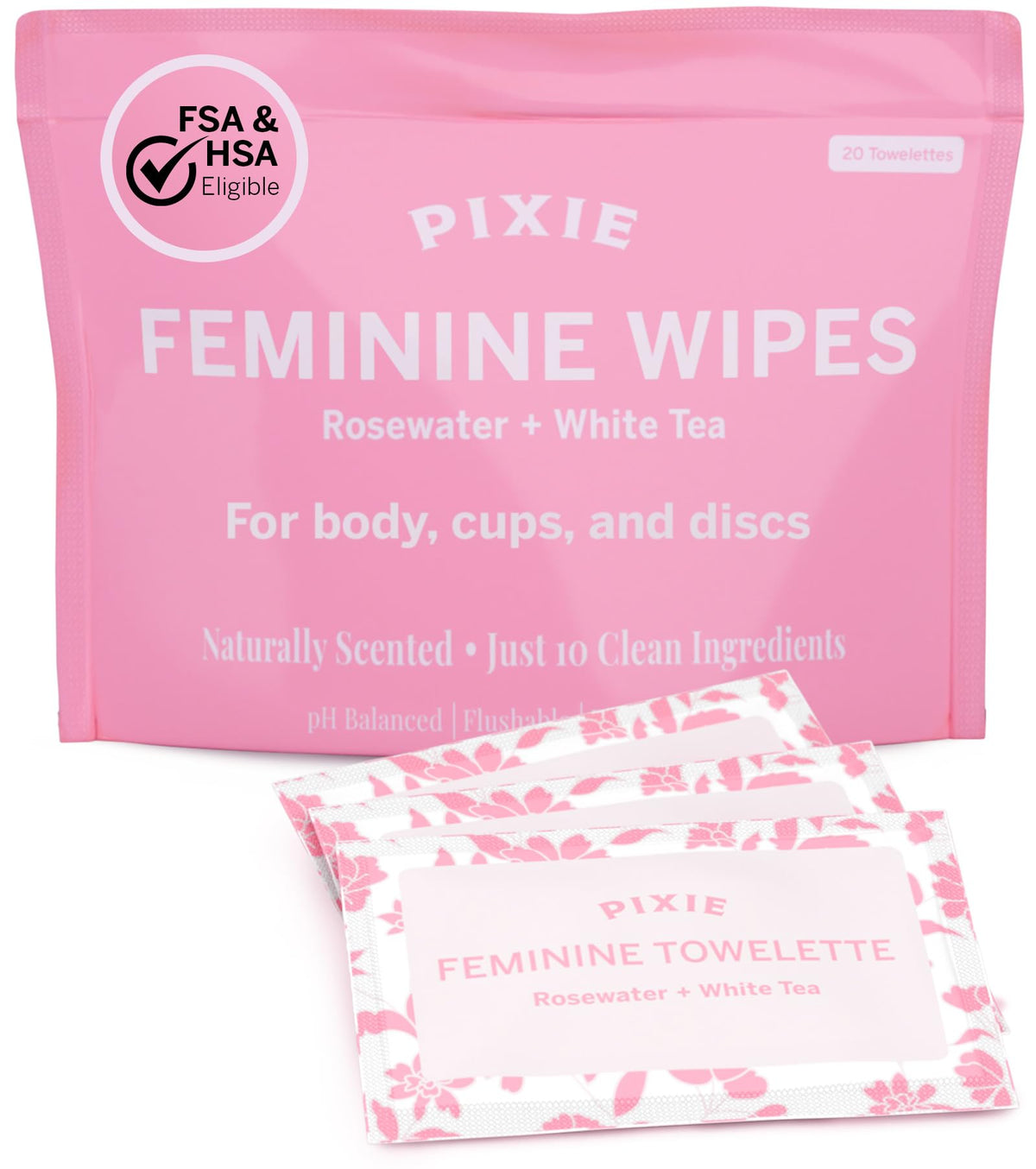 Pixie Feminine Wipes – Naturally Scented Rosewater + White Tea – Flushable, Biodegradable & pH Balanced – Individually Wrapped Wipes for On The Go – Cleaner for Menstrual Cups & Discs (20 Count)