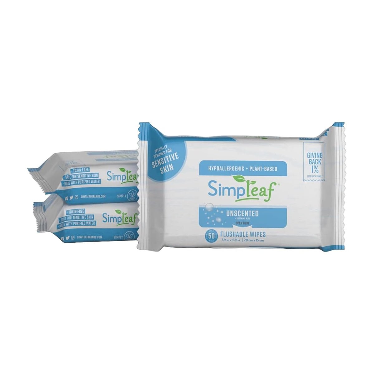 Simpleaf Flushable Wet Wipes Unscented | Plastic Free, Paraben & Alcohol Free | Hypoallergenic & Safe for Sensitive Skin | Soothing Aloe Formula | Adult Toilet Wipes (3 x 50 Counts Pack) 150 Counts