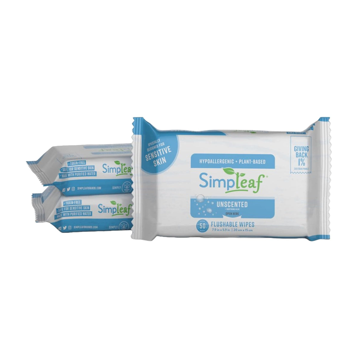 Simpleaf Flushable Wet Wipes Unscented | Plastic Free, Paraben & Alcohol Free | Hypoallergenic & Safe for Sensitive Skin | Soothing Aloe Formula | Adult Toilet Wipes (3 x 50 Counts Pack) 150 Counts