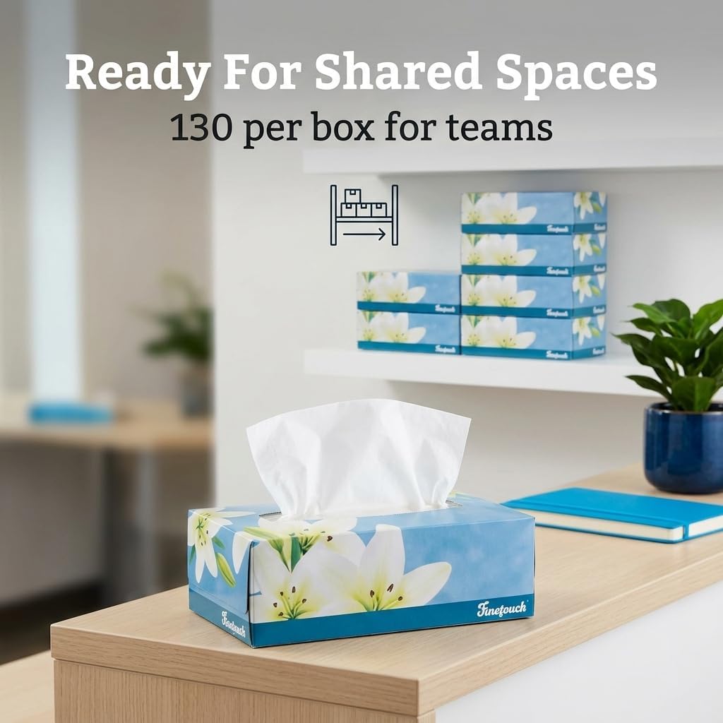 Finetouch Facial Tissues Boxes Bulk, Soft 2-Ply, 130 Sheets, 6 Pack