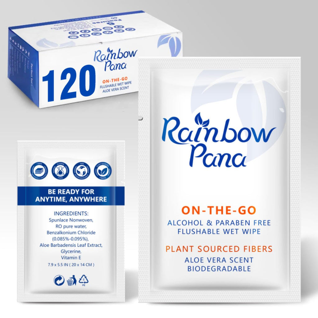 RainbowPana Flushable Wipes - 120 Count, ON-THE-GO Individually Wrapped - Travel Butt Wipes for Men and Women, Family - Infused with Vitamin E and Natural Aloe, pH Balanced, Paraben/Fragrance/Alcohol Free, 100% Plant Sourced Fibers - Cleanse and Moisturiz