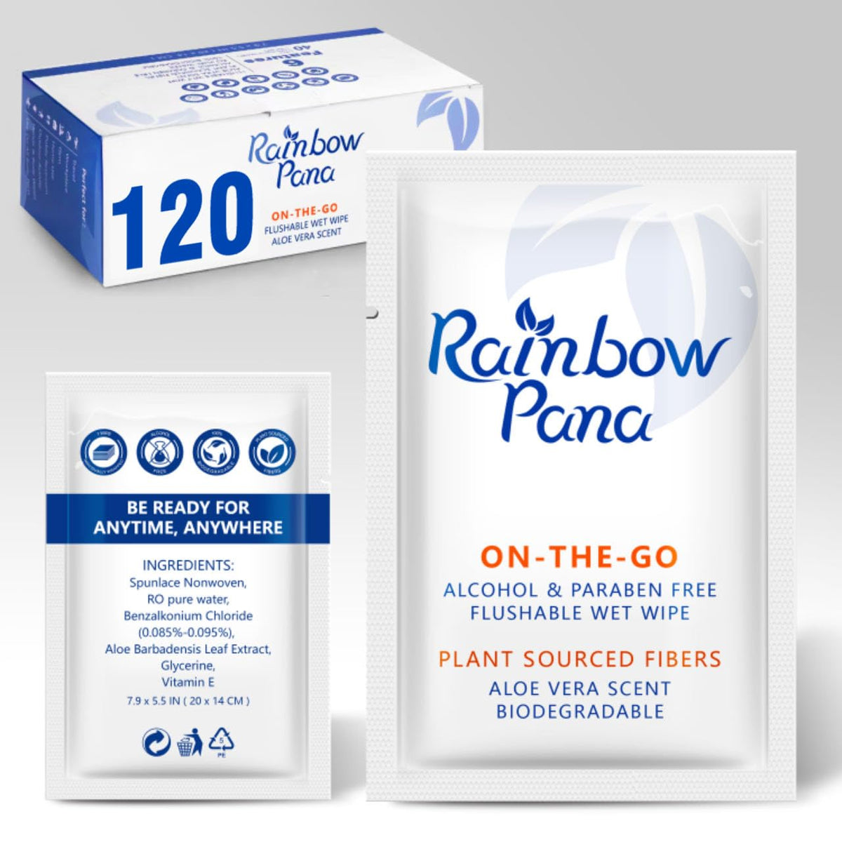 RainbowPana Flushable Wipes - 120 Count, ON-THE-GO Individually Wrapped - Travel Butt Wipes for Men and Women, Family - Infused with Vitamin E and Natural Aloe, pH Balanced, Paraben/Fragrance/Alcohol Free, 100% Plant Sourced Fibers - Cleanse and Moisturiz