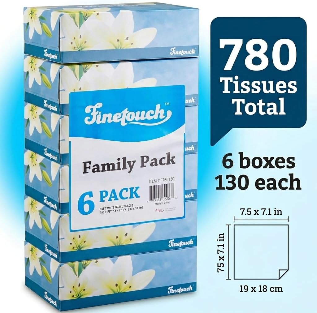 Finetouch Facial Tissues Boxes Bulk, Soft 2-Ply, 130 Sheets, 6 Pack
