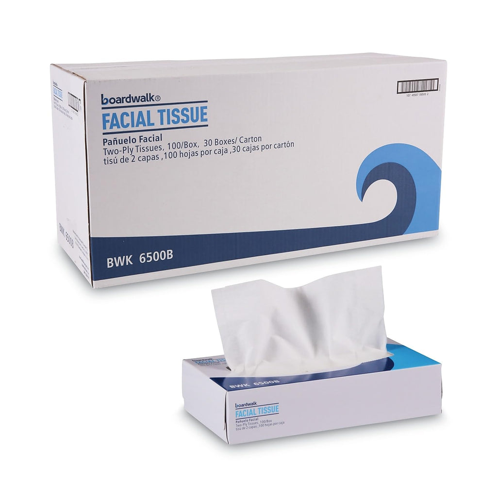 Boardwalk BWK6500 Office Packs Facial Tissue, Flat Box, 100 Sheets per Box (Case of 30 Boxes)