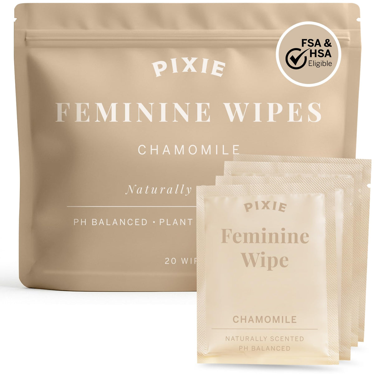 Pixie Feminine Wipes – Naturally Scented Rosewater + White Tea – Flushable, Biodegradable & pH Balanced – Individually Wrapped Wipes for On The Go – Cleaner for Menstrual Cups & Discs (20 Count)