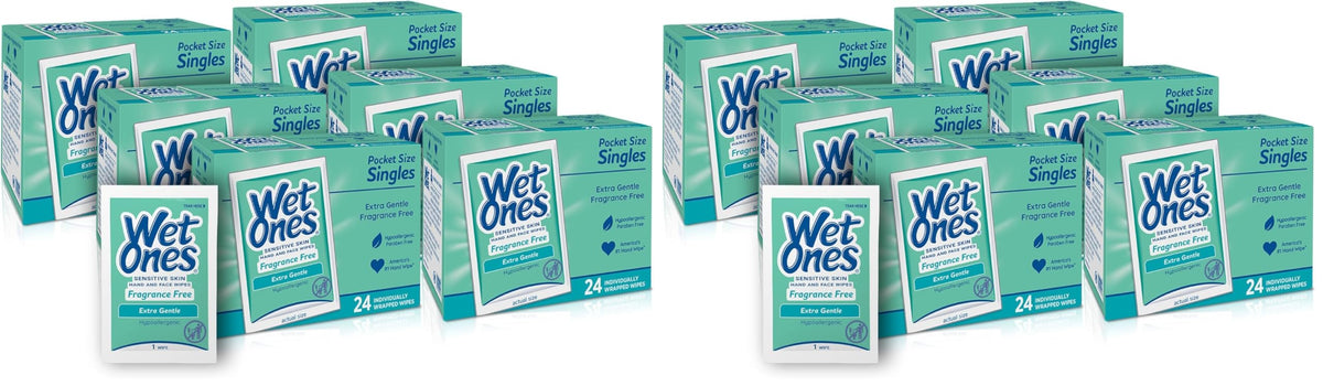 Wet Ones Singles Hand Wipes, Sensitive Skin, Unscented, 24 ct (6 Pack)