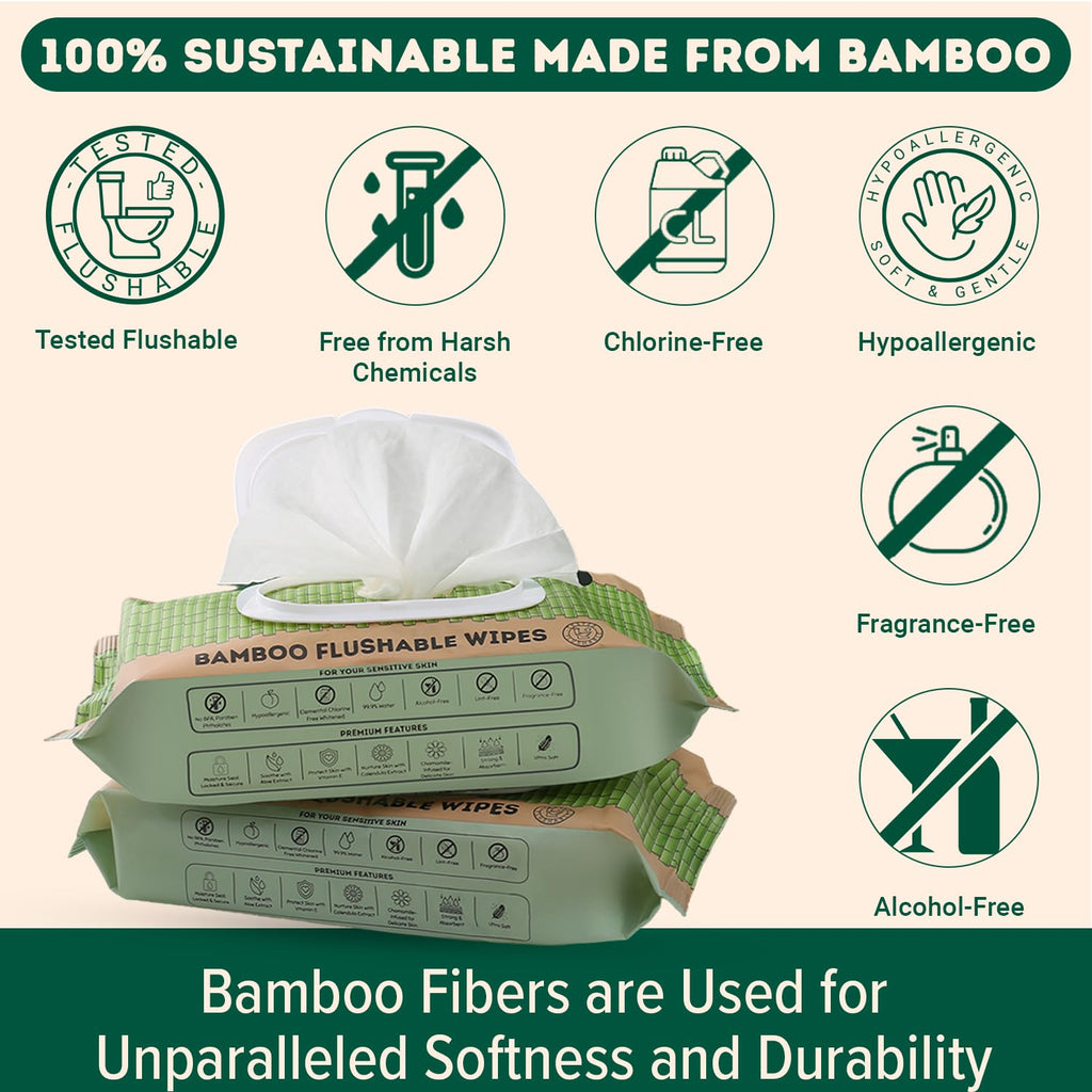 MOTHER EARTH Bamboo Flushable Wipes for Sensitive Skin, Septic Safe, Hypoallergenic, Unscented Toilet Wipes (Pack of 3, Total of 180 Flushable Wipes)