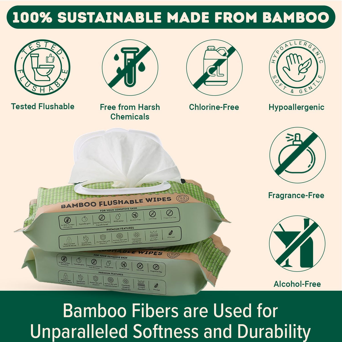 MOTHER EARTH Bamboo Flushable Wipes for Sensitive Skin, Septic Safe, Hypoallergenic, Unscented Toilet Wipes (Pack of 3, Total of 180 Flushable Wipes)