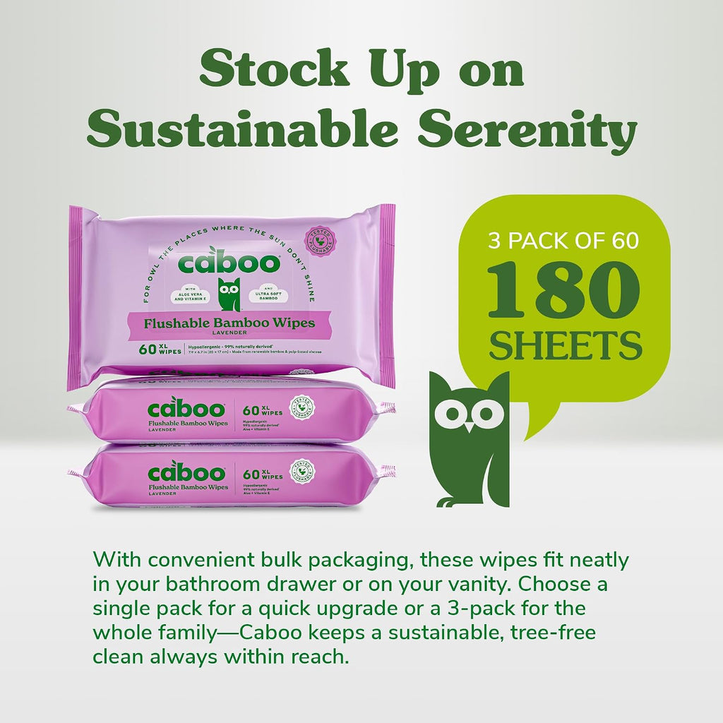 Caboo Tree Free Lavender Flushable Wipes, Septic Safe, 180 Wipes