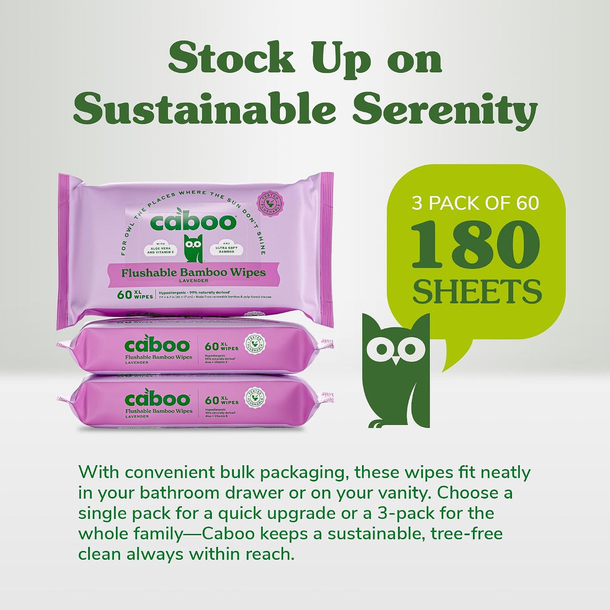 Caboo Tree Free Lavender Flushable Wipes, Septic Safe, 180 Wipes