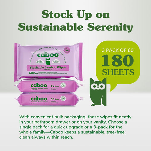 Caboo Tree Free Lavender Flushable Wipes, Septic Safe, 180 Wipes