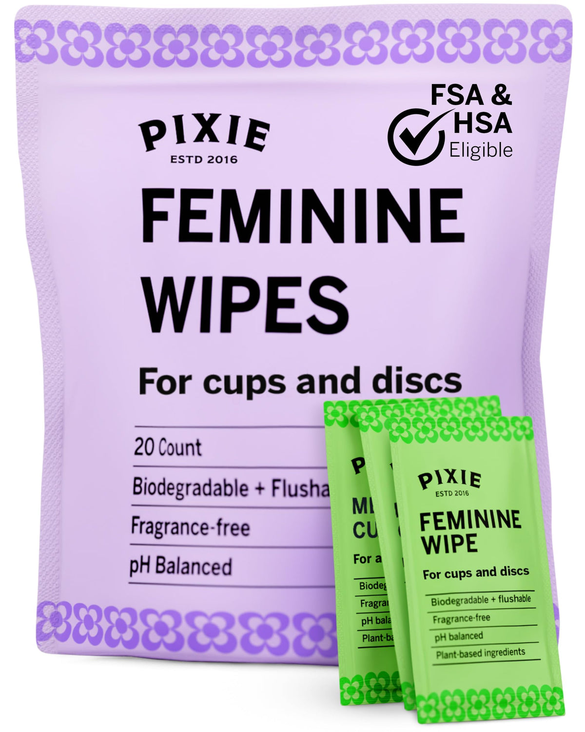 Pixie Feminine Wipes – Naturally Scented Rosewater + White Tea – Flushable, Biodegradable & pH Balanced – Individually Wrapped Wipes for On The Go – Cleaner for Menstrual Cups & Discs (20 Count)
