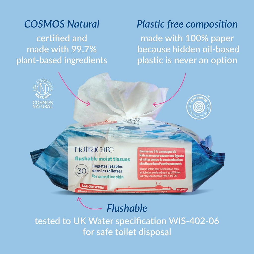 Natracare Safe to Flush Moist Tissues, Made of 100% paper and an Organic and Natural formula with Aloe Vera and Witch Hazel, Sewer Safe, Flushable Wipes (480 Count) 16 pack of 30 sheets in each pack