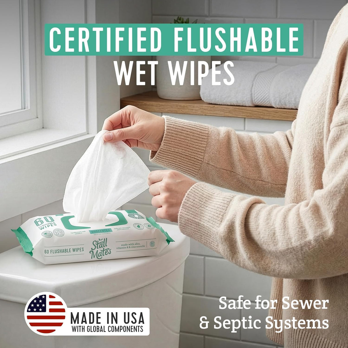 Stall Mates Flushable Wipes, 60-Wipe Home Pack, Unscented, 4 Pack
