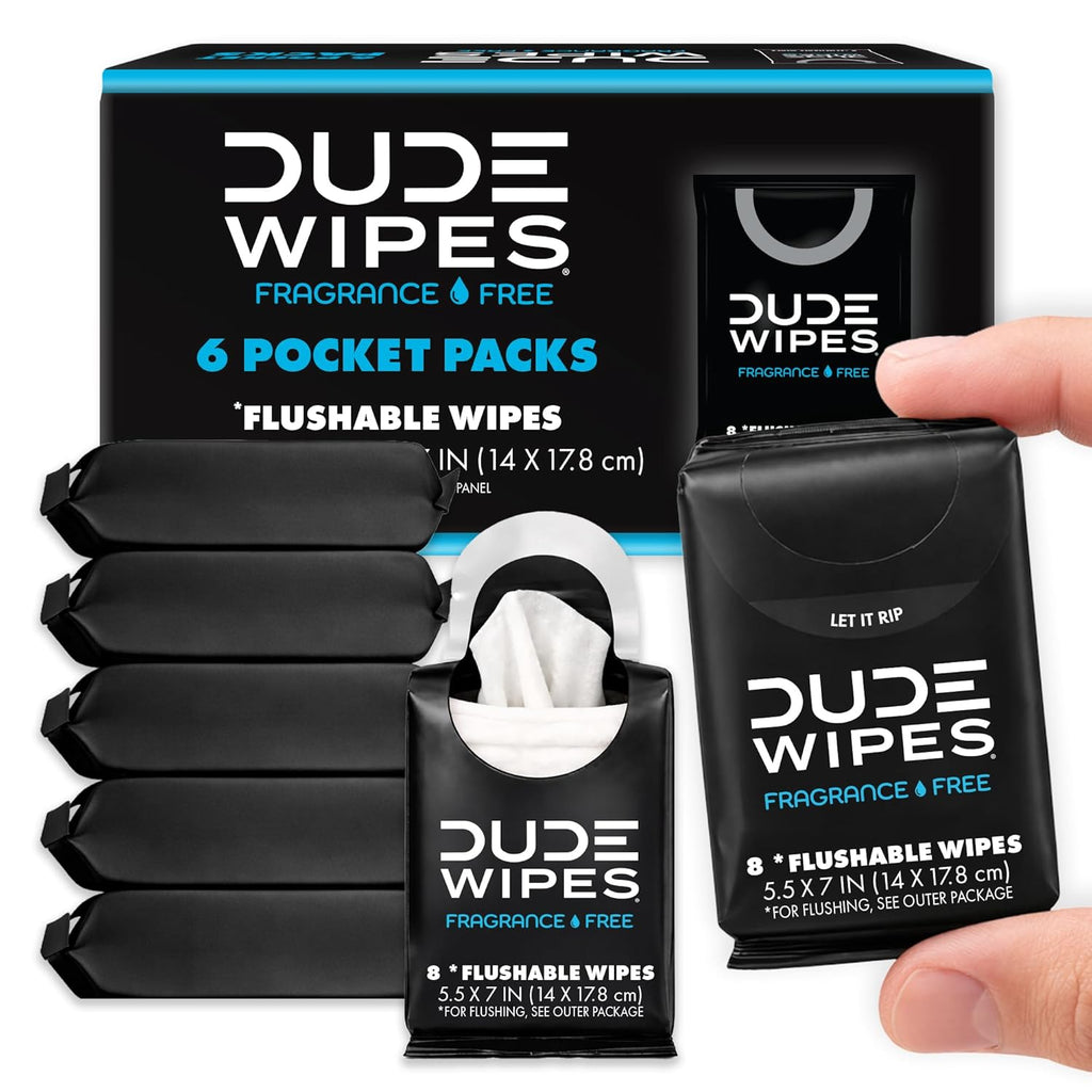 DUDE Wipes Unscented Pocket Packs, Adult Flushable Travel Wipes, 48 Count