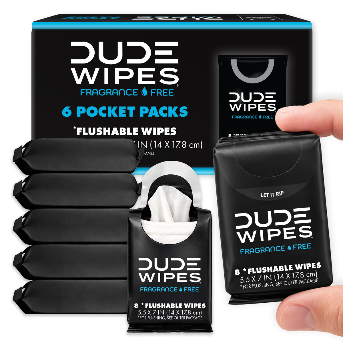 DUDE Wipes Unscented Pocket Packs, Adult Flushable Travel Wipes, 48 Count