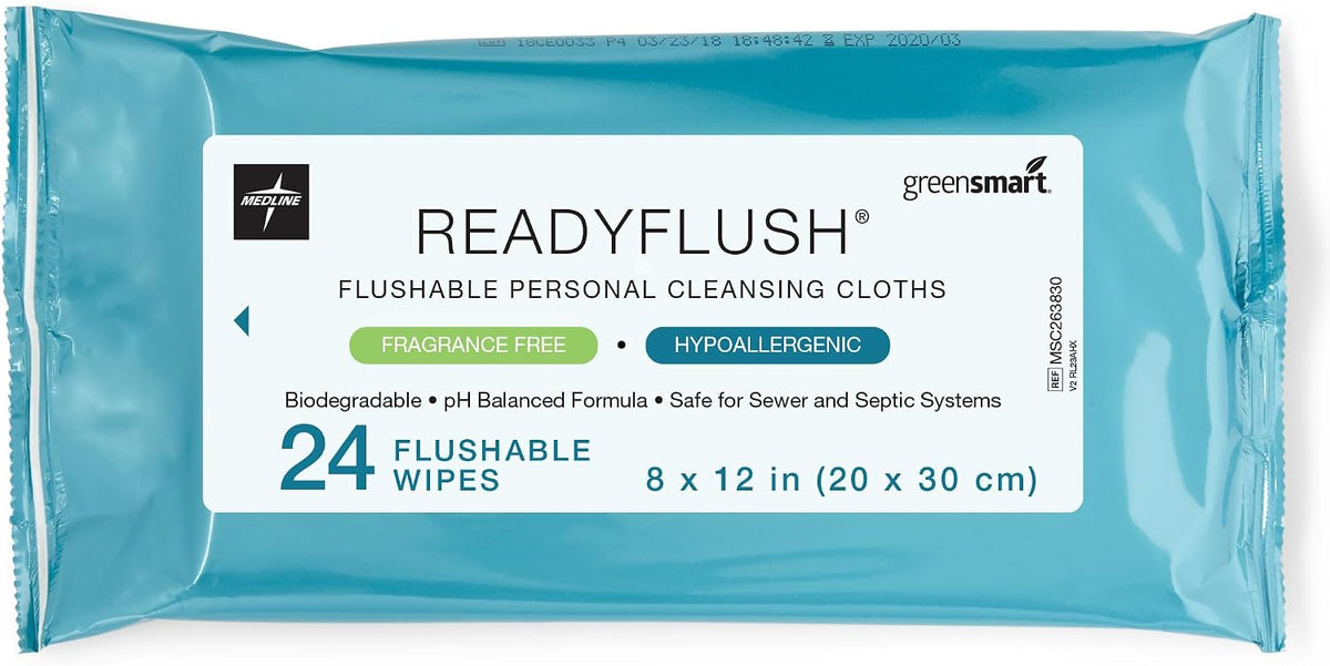 Medline ReadyFlush Flushable Wipes (24 Wipes), Unscented, Biodegradable Flushable Incontinence Wet Wipes for Adults with Aloe, Hypoallergenic and pH-Balanced Personal Cleansing Cloths