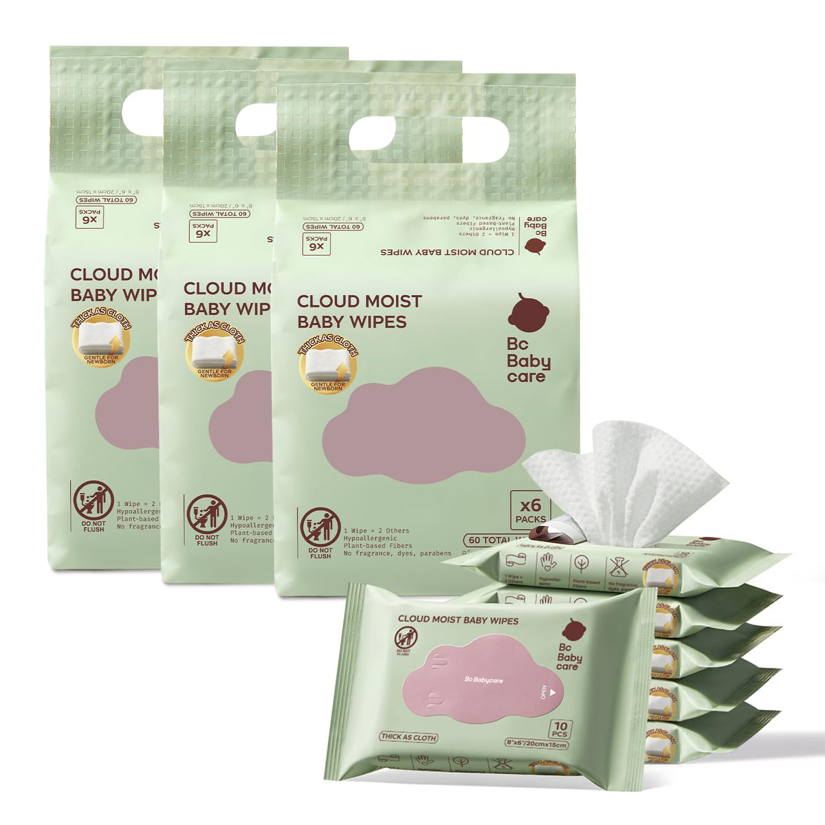 Bc Babycare Cloud Moist Baby Travel Wipes, 6 Pack, On The Go Pocket Size, Ultra Thick, 99% Water, Unscented, Hypoallergenic for Sensitive Skin, Biodegradable