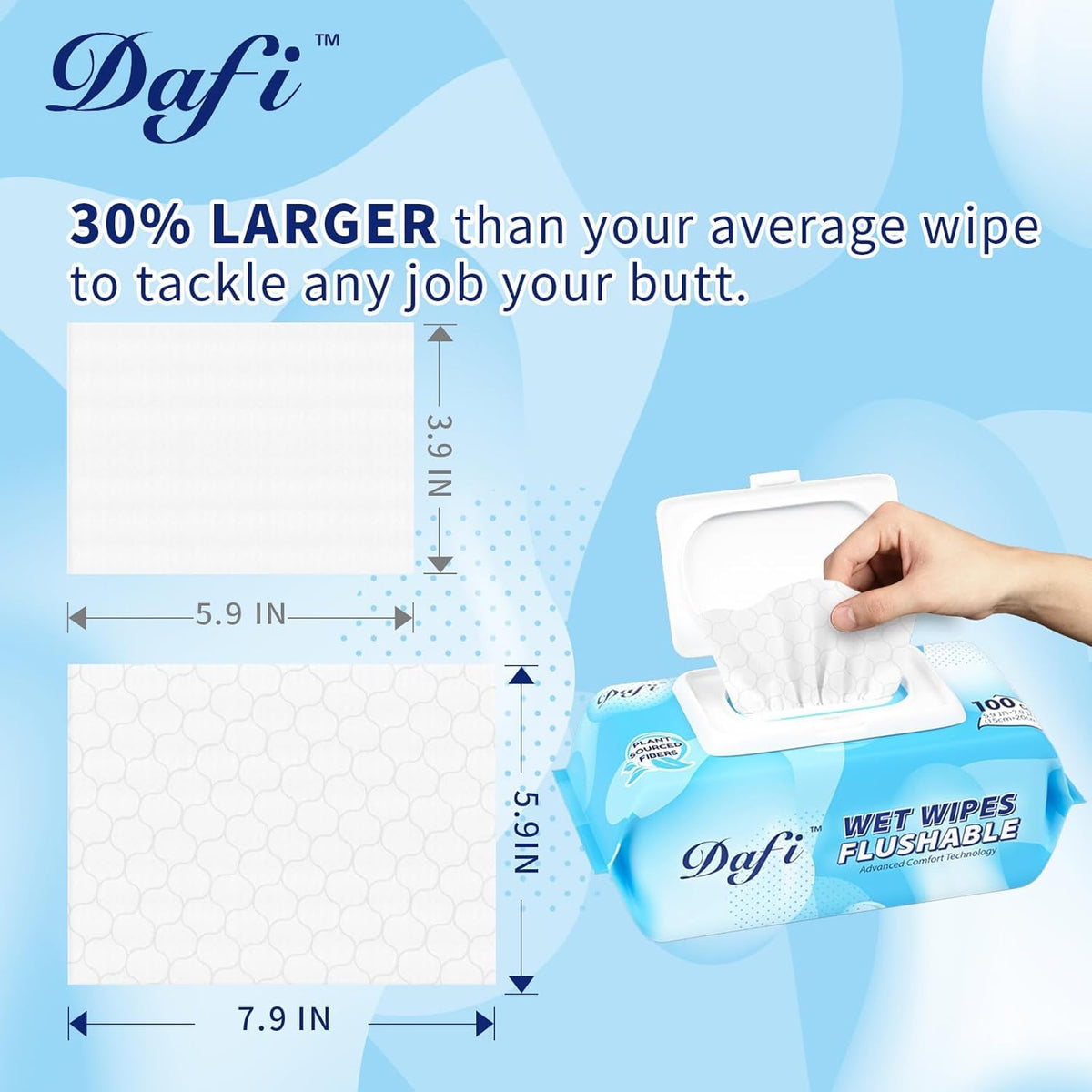 DAFI Flushable Wipes for Adult Wet Wipes, Total 600 Unscented Toilet Wipes Flushable, No Alcohol & 100% Plant Based Fibers, Septic and Sewer Safe Pack of 6