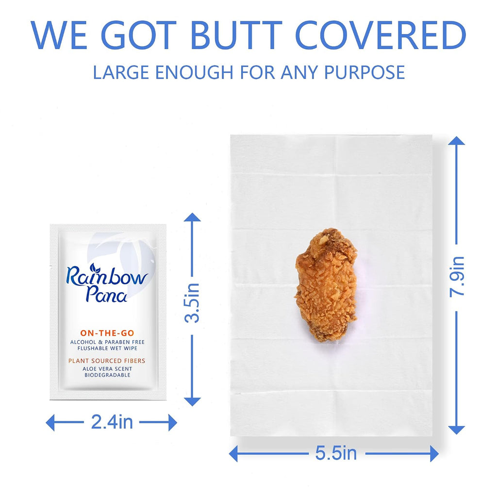 RainbowPana Flushable Wipes - 120 Count, ON-THE-GO Individually Wrapped - Travel Butt Wipes for Men and Women, Family - Infused with Vitamin E and Natural Aloe, pH Balanced, Paraben/Fragrance/Alcohol Free, 100% Plant Sourced Fibers - Cleanse and Moisturiz