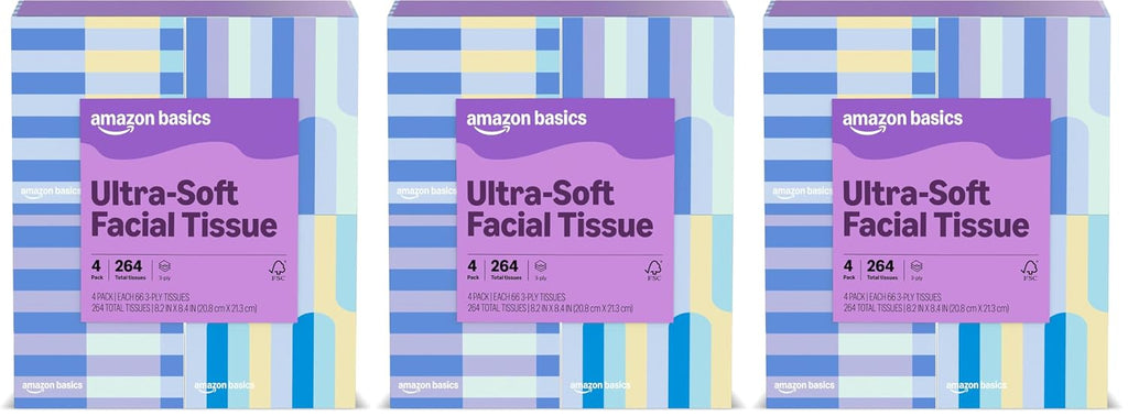Amazon Basics Ultra-Soft 3-Ply Premium Facial Tissues, 66 Count (Pack of 12) (Previously Presto!)