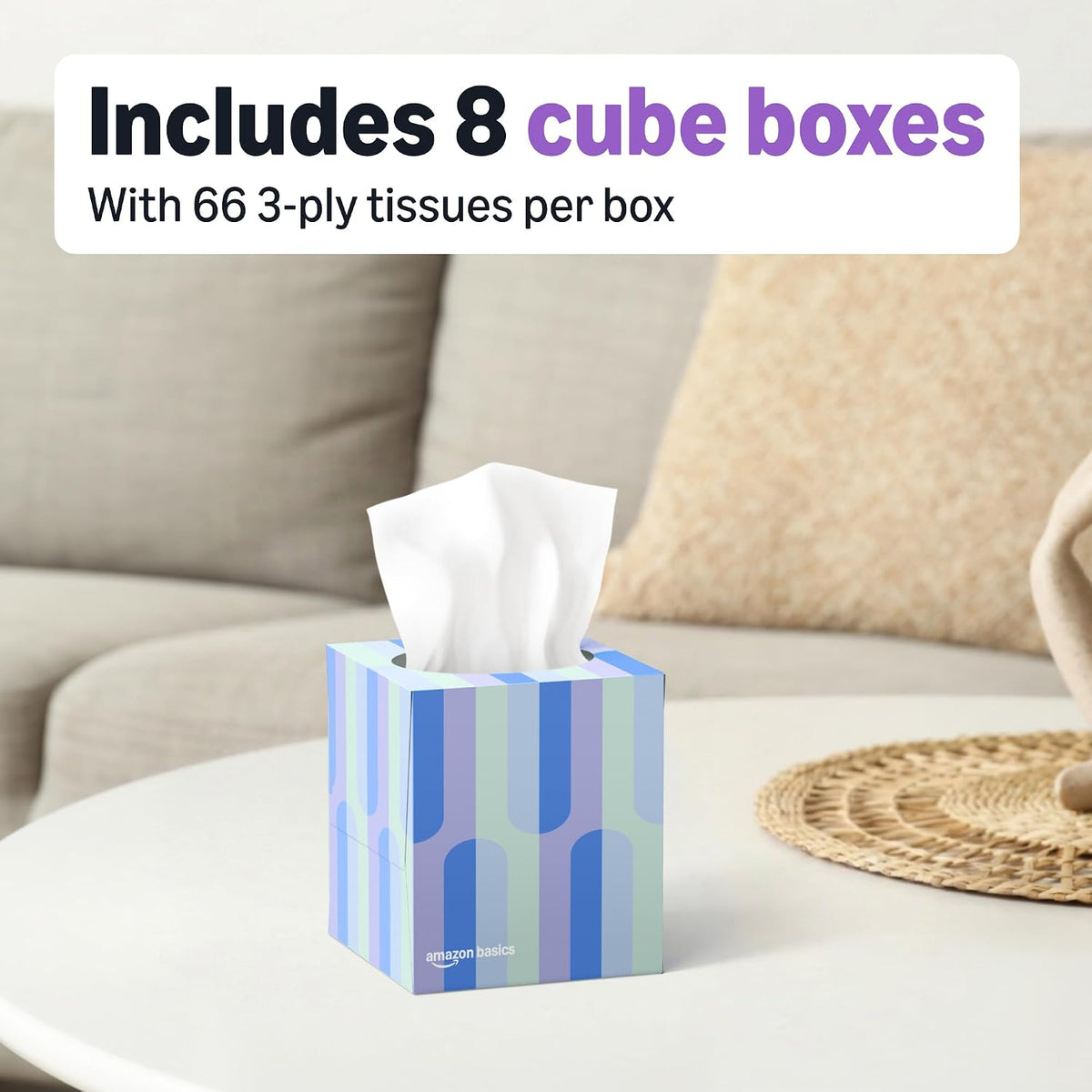 Amazon Basics Facial Tissues, 3-Ply, Ultra-Soft | Premium | 264 Count | 8 Packs (Previously Presto!)