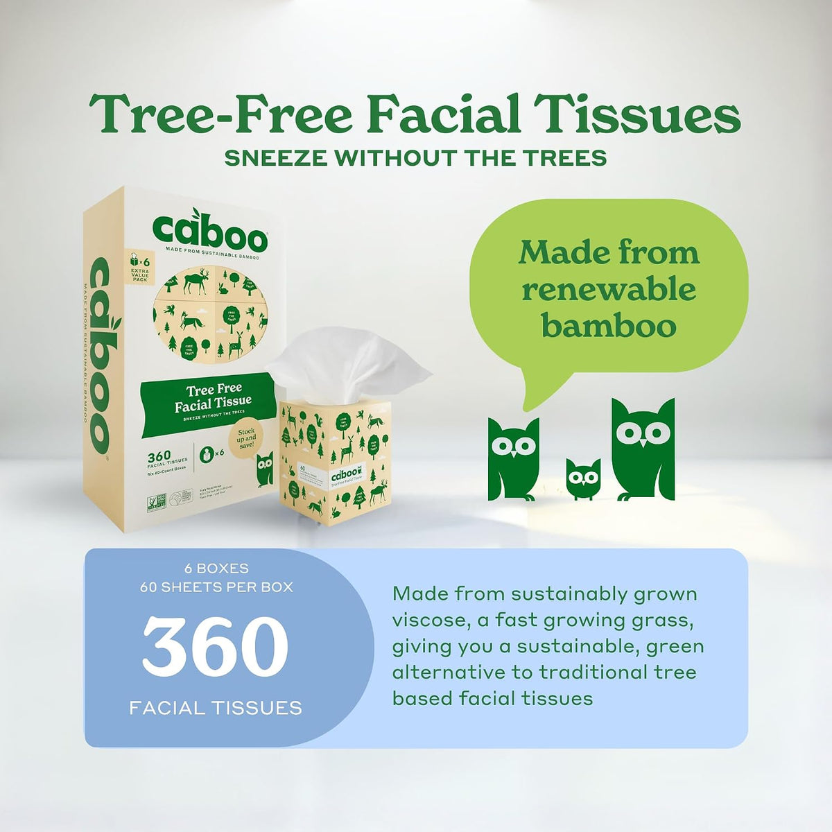 Caboo Tree Free Facial Tissues, 60 Tissues Per Box, 360 Total