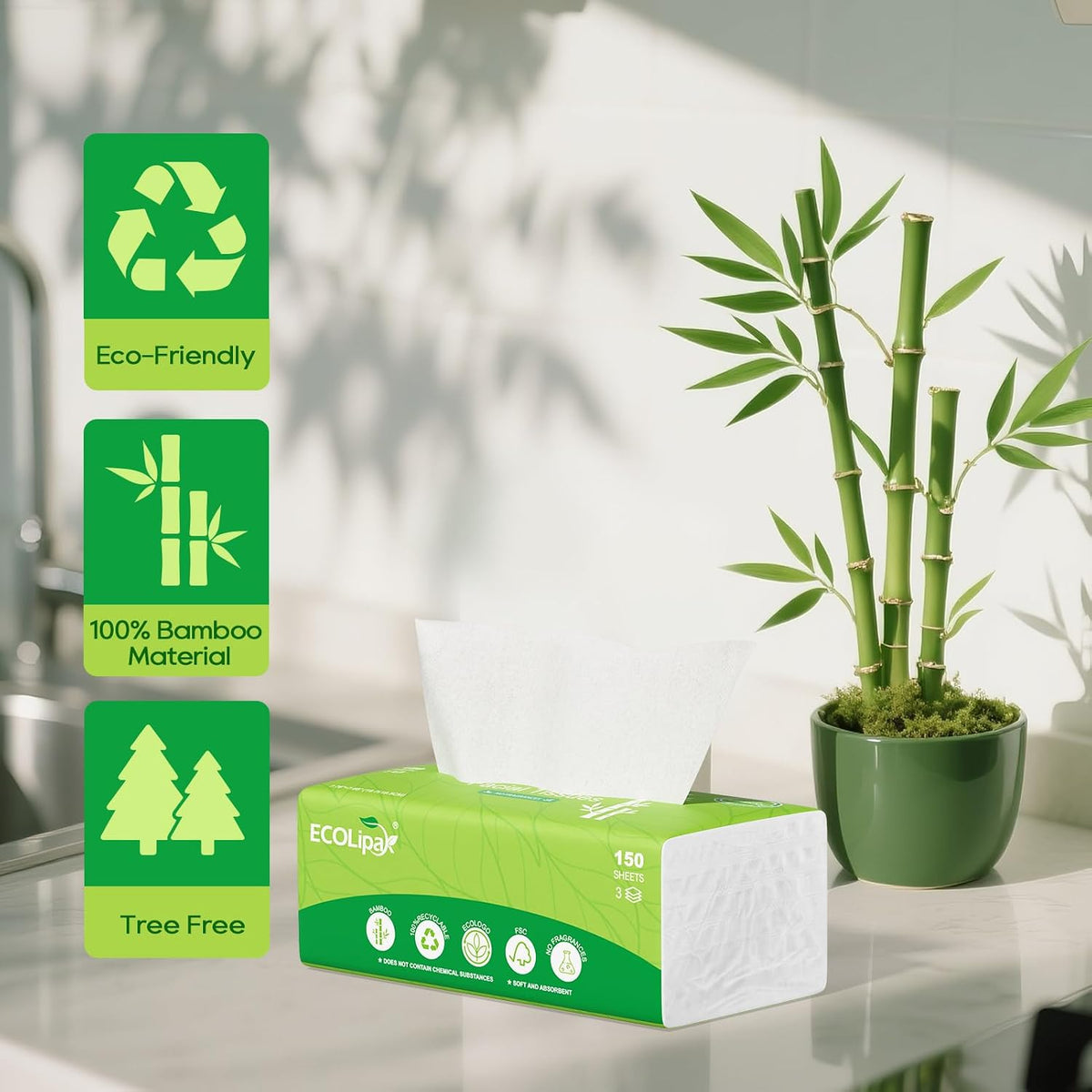 ECOLipak Bamboo Facial Tissues, 12 Packs, 1800 Sheets Total, 3-Ply