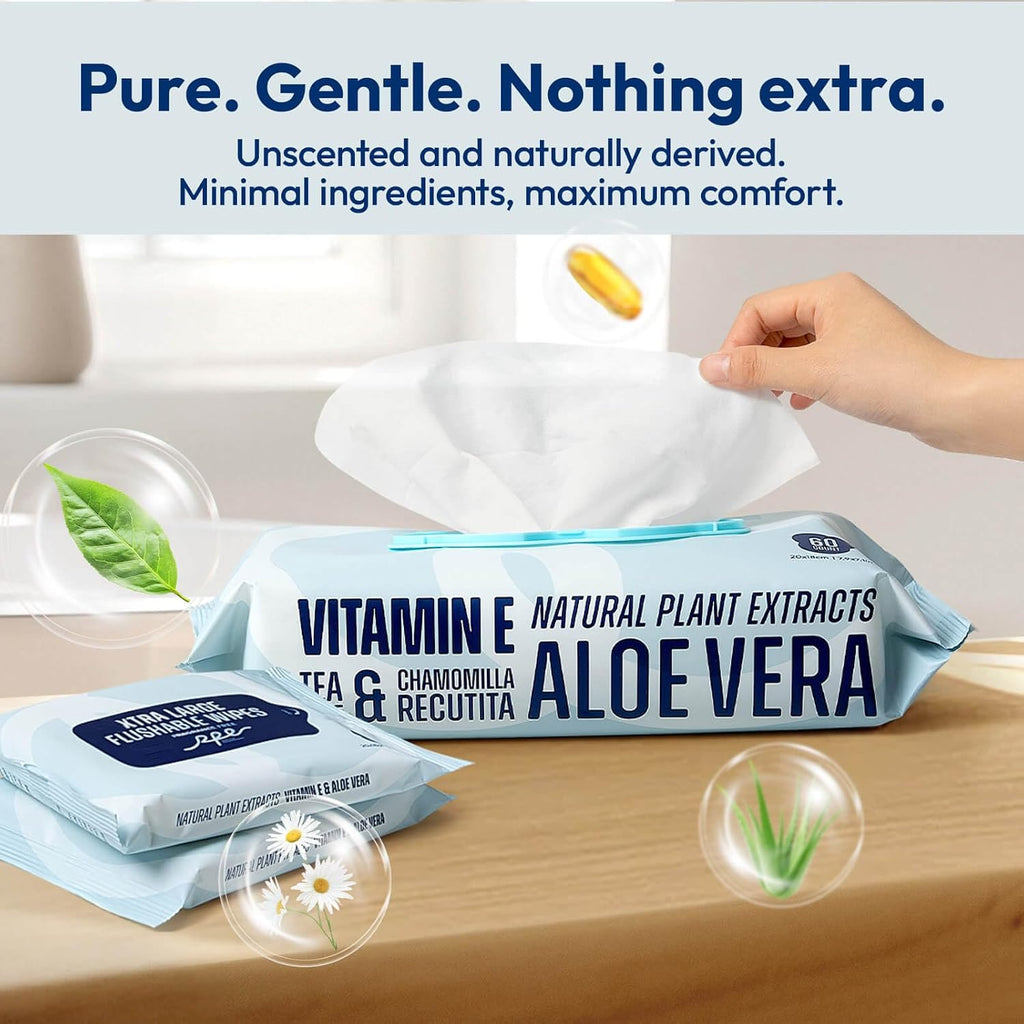 RPE Life Flushable Wet Wipes - 6 Portable Travel Size Packs (60 Ct) - Unscented Extra-Large Body & Hand Tissue with Vitamin E & Aloe - For Adults, Kids & Children - Perfect for On-the-Go & Outdoor Use