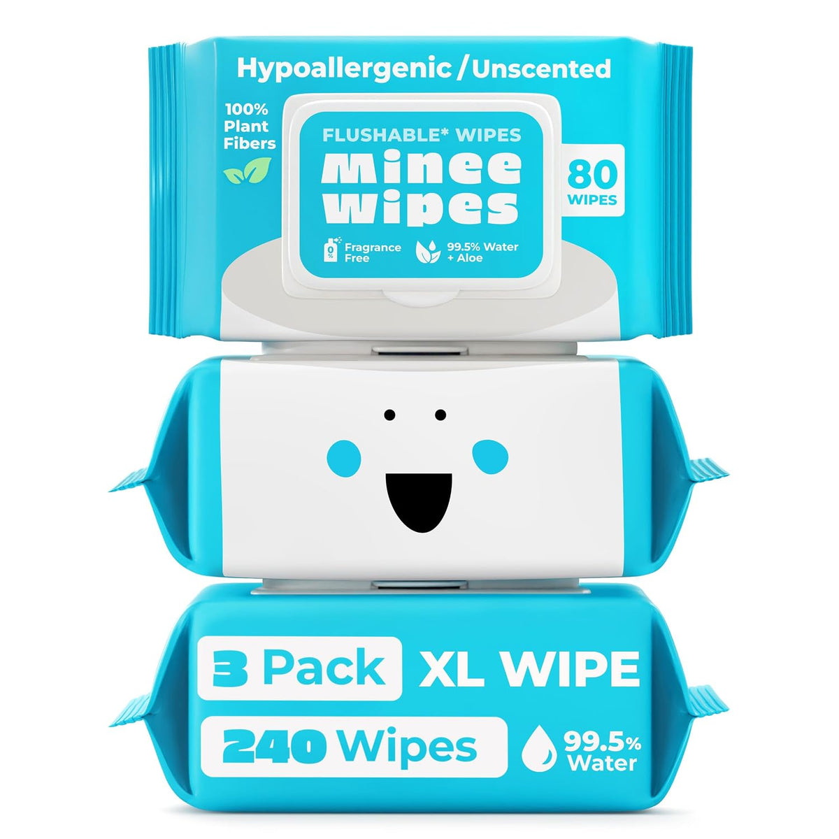 XL Flushable Wipes - Thick & Durable - 99.5% Water and Aloe - Safe for Sensitive Skin, Hypoallergenic & Unscented - Plant-Based Wet Butt Wipes for Adults, Kids & Baby Care - 3 Pack Total 240 Wipes