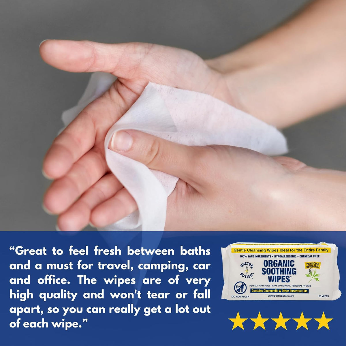 Doctor Butler's Soothing All-Purpose Wet Wipes for Sensitive Skin, Made with Organic Bamboo, Face Wipes, and Bathroom Cleanup with Chamomile and Essential Oils* (1 Pack - 60 Count)
