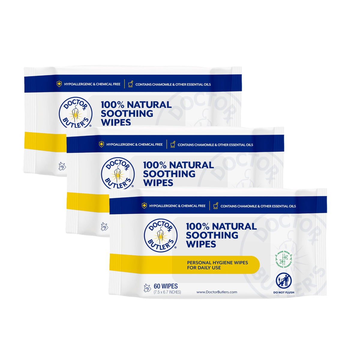Doctor Butler's Soothing All-Purpose Wet Wipes for Sensitive Skin, Made with Organic Bamboo, Face Wipes, and Bathroom Cleanup with Chamomile and Essential Oils* (1 Pack - 60 Count)