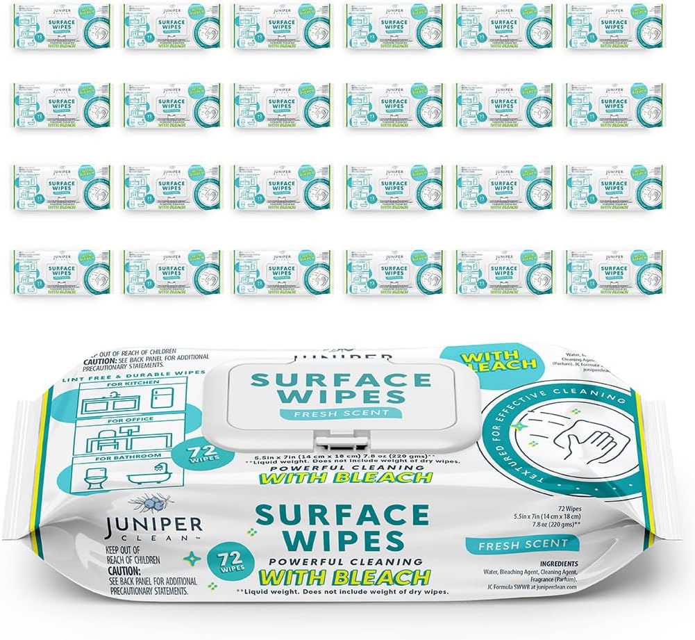 Juniper CLEAN 24 Pack Surface Cleaning Wipes with Bleach, All-Purpose Cleaner for Bathroom, Kitchen, Office, 1728 Count Soft Flow, Fresh Scent, Lint Free & Durable