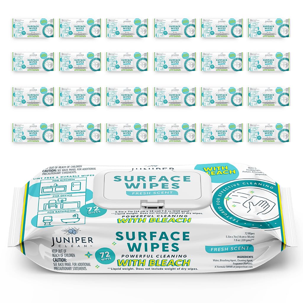 Juniper CLEAN 24 Pack Surface Cleaning Wipes with Bleach, All-Purpose Cleaner for Bathroom, Kitchen, Office, 1728 Count Soft Flow, Fresh Scent, Lint Free & Durable