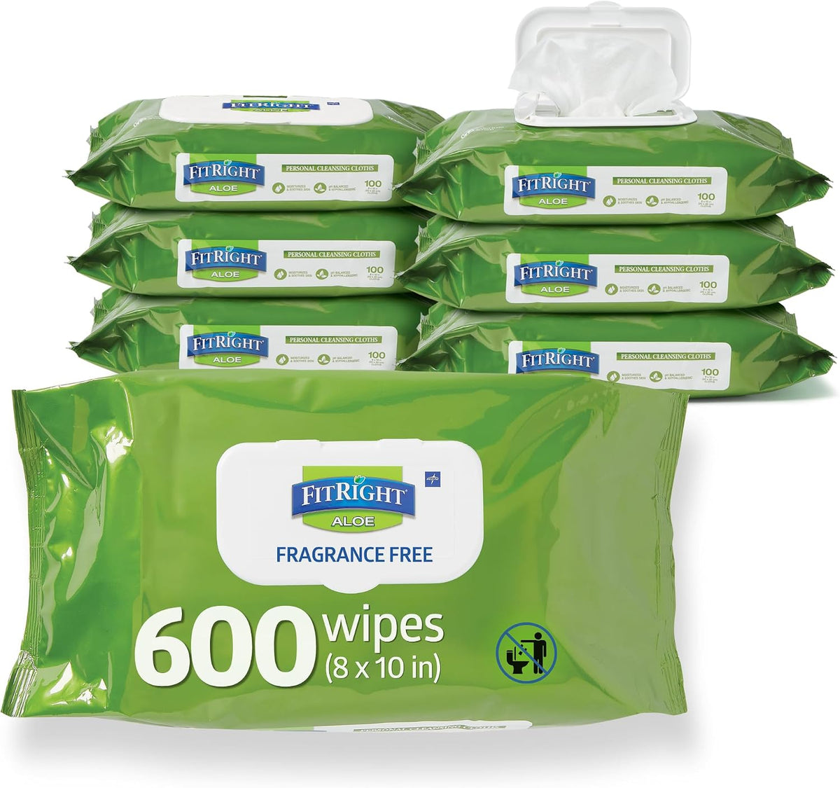 FitRight Personal Cleansing Wipes with Aloe 8x10 Unscented 600 Count