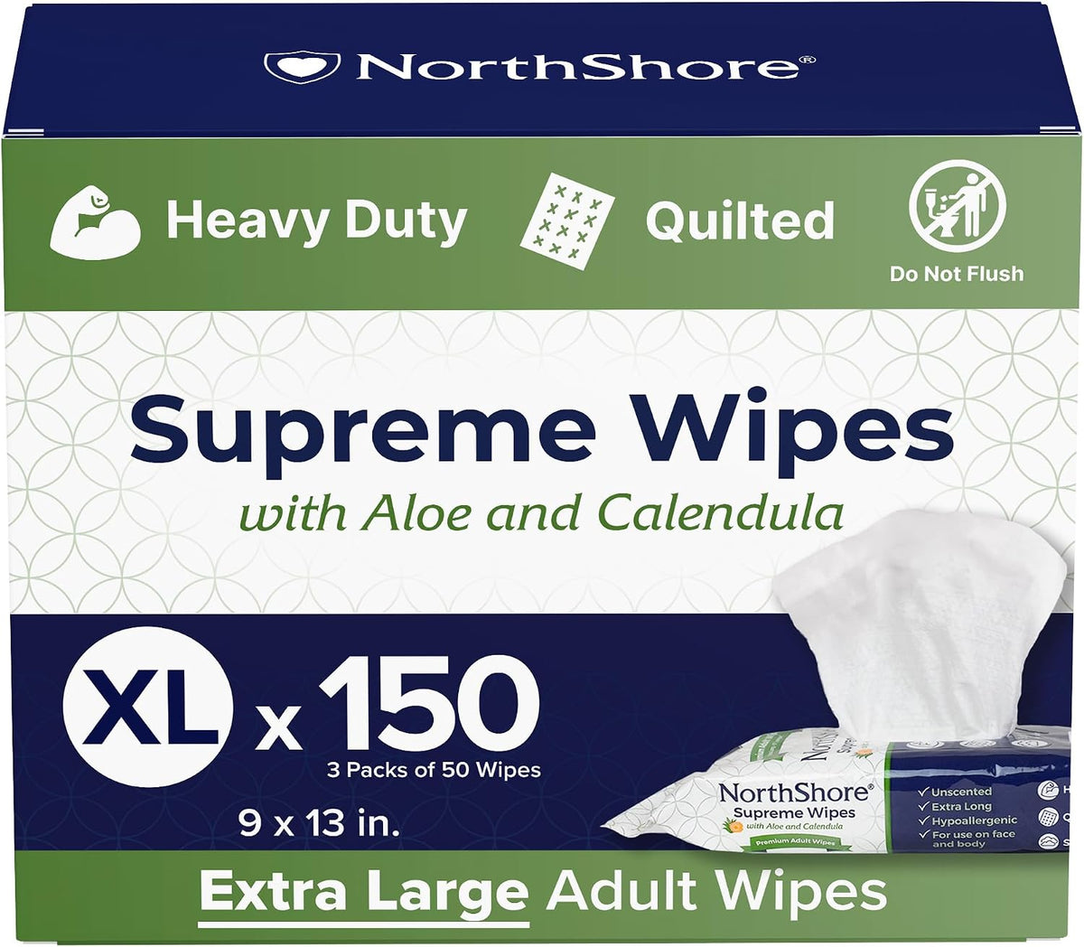 NorthShore Supreme Heavy-Duty Quilted Cleansing Wipes, X-Large,150 Count