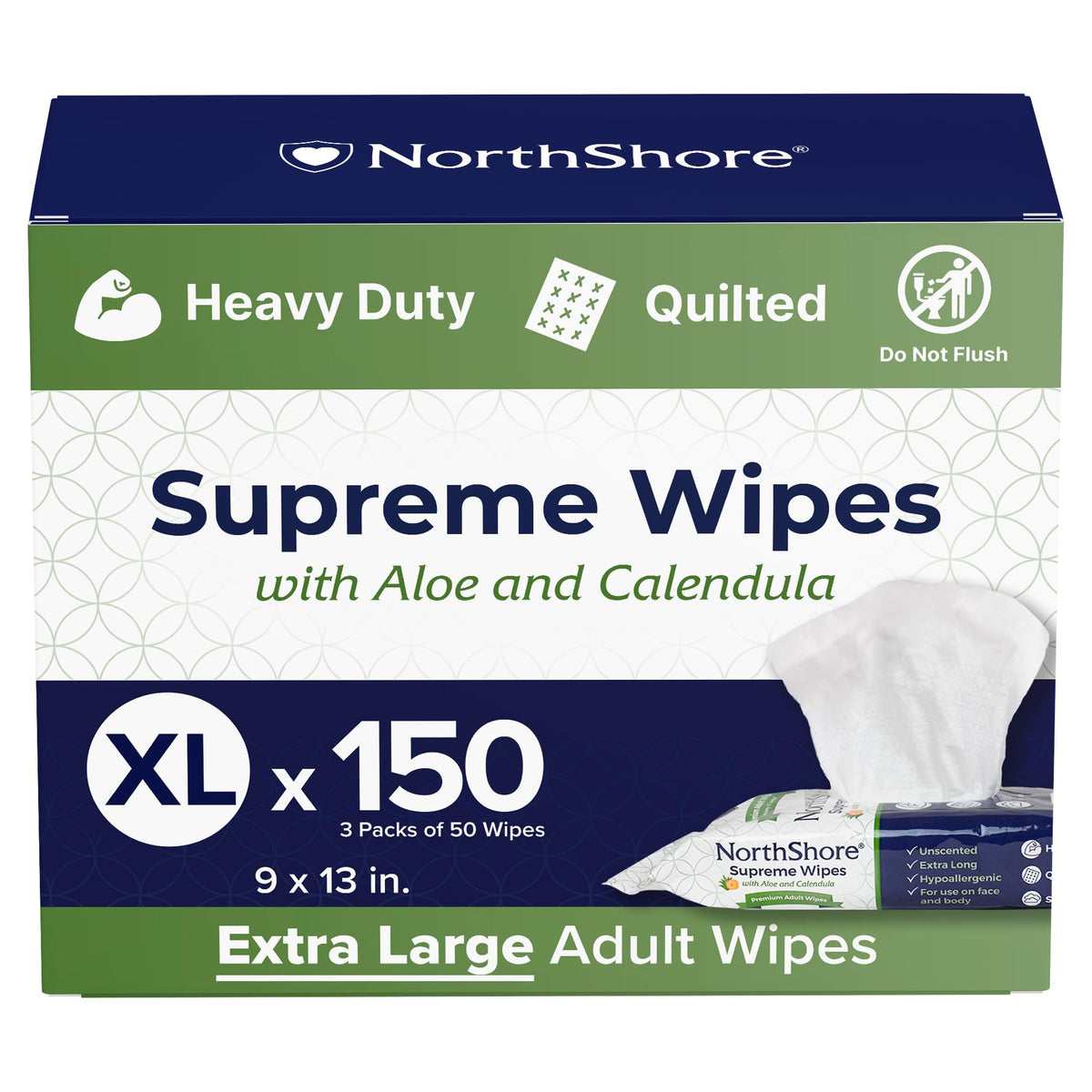 NorthShore Supreme Heavy-Duty Quilted Cleansing Wipes, X-Large,150 Count