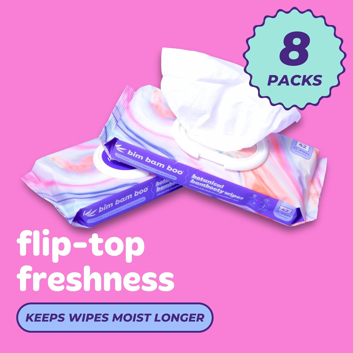 Bim Bam Boo | Flushable Wet Wipes | 100% Plant Based | Extra-Large Size Durable Bamboo | Body Safe, Smooth on Skin, Hypoallergenic | 42 Wipes Per Pouch - 8 Pouches | 366 Total Wipes