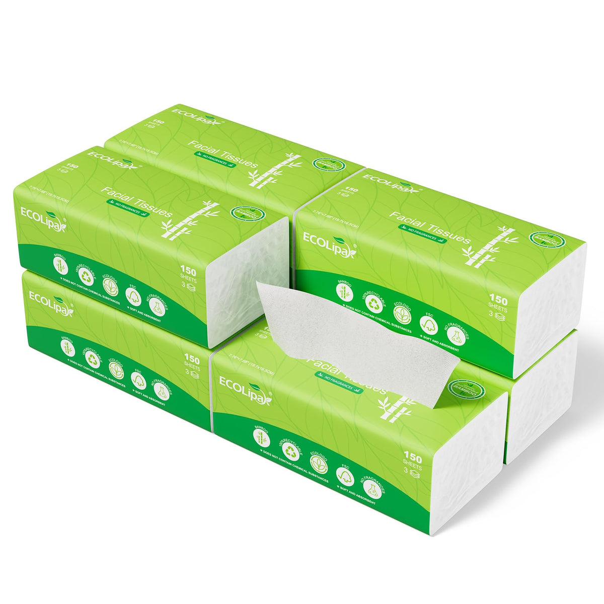 ECOLipak Bamboo Facial Tissues, 12 Packs, 1800 Sheets Total, 3-Ply