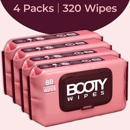BOOTY WIPES Feminine Flushable Wipes Wome, 320 Count (4 Packs of 80) Wet Wipes for Adults, pH Balanced with Aloe and Vitamin E, Gentle Cleansing Female Toilet Wipes for Sensitive Skin